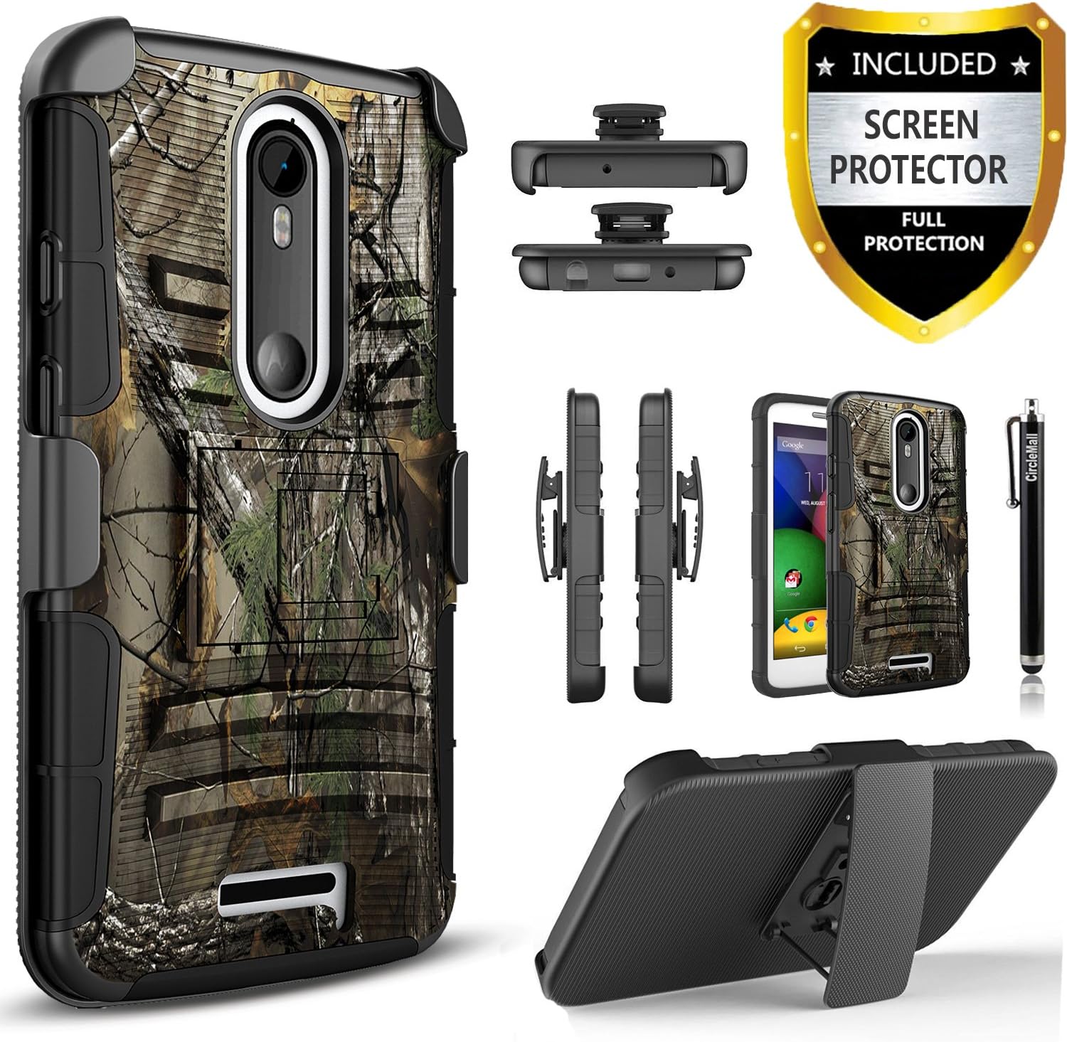 Droid Turbo 2 Case, Combo Rugged Phone Cover with [HD Screen Protector] And Built-in Kickstand and Holster Locking Belt Clip And Circlemalls Stylus Pen For Motorola Droid Turbo 2 (Camo)