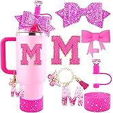 Lingdeer Rose Pink Cup Accessories Set for Stanley 30OZ&40OZ Tumbler with Handle, Letter Charms, Bow & Diamond Straw Covers, Glitter Silicone Boot, Personalized Sticker for Stanley Cup Accessories (M)