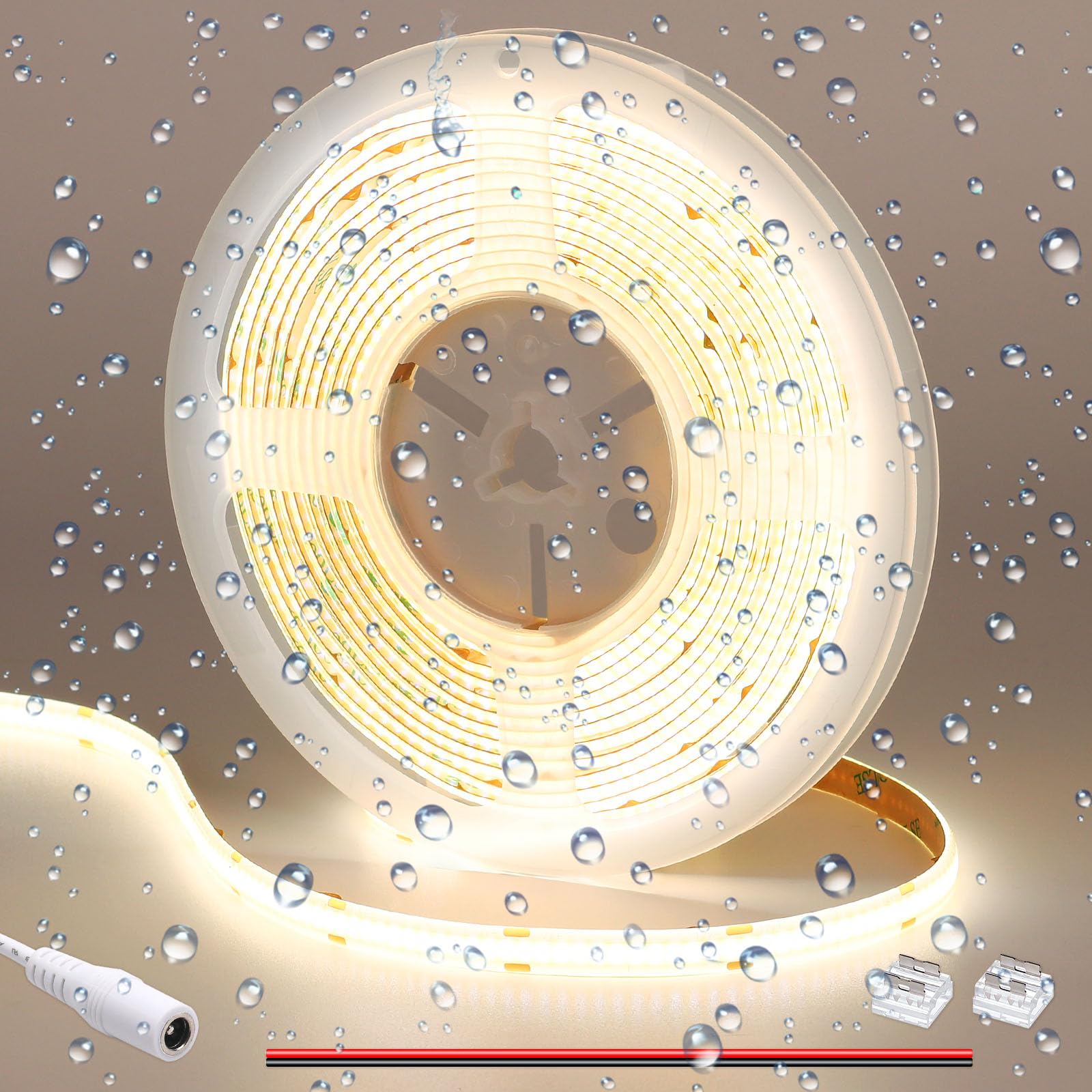 GOMING DC 12V COB LED Strip Light Natural White 4000K IP65 Waterproof 16.4ft(5M) 1560LEDs CRI 93+ Uniform Glow Flexible LED Tape Lights for DIY Bedroom Kitchen Home Decor(No Power Supply)