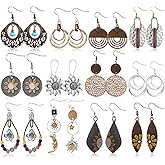 Nosiny 12 Pairs Boho Vintage Earrings Set for Women Ethnic Style Drop Dangle Round Earrings Retro Bohemian Teardrop Sun and Moon Wooden Silver Jewelry for Thanksgiving Christmas Birthday Gifts