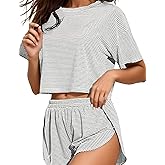 ANGELBEE Split Short Pajama Set Soft Women's Striped Pajama Sleeve Tee & Elastic Waist Shorts Lounge Sleepwear