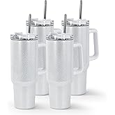 AGH 4 Pack 40 oz Sublimation Glitter White Tumblers with Stainless Steel Straw and Lid, Insulated Double Wall Vacuum Reusable Cups with handle, Travel Mug for Party,Home,Driving,Office