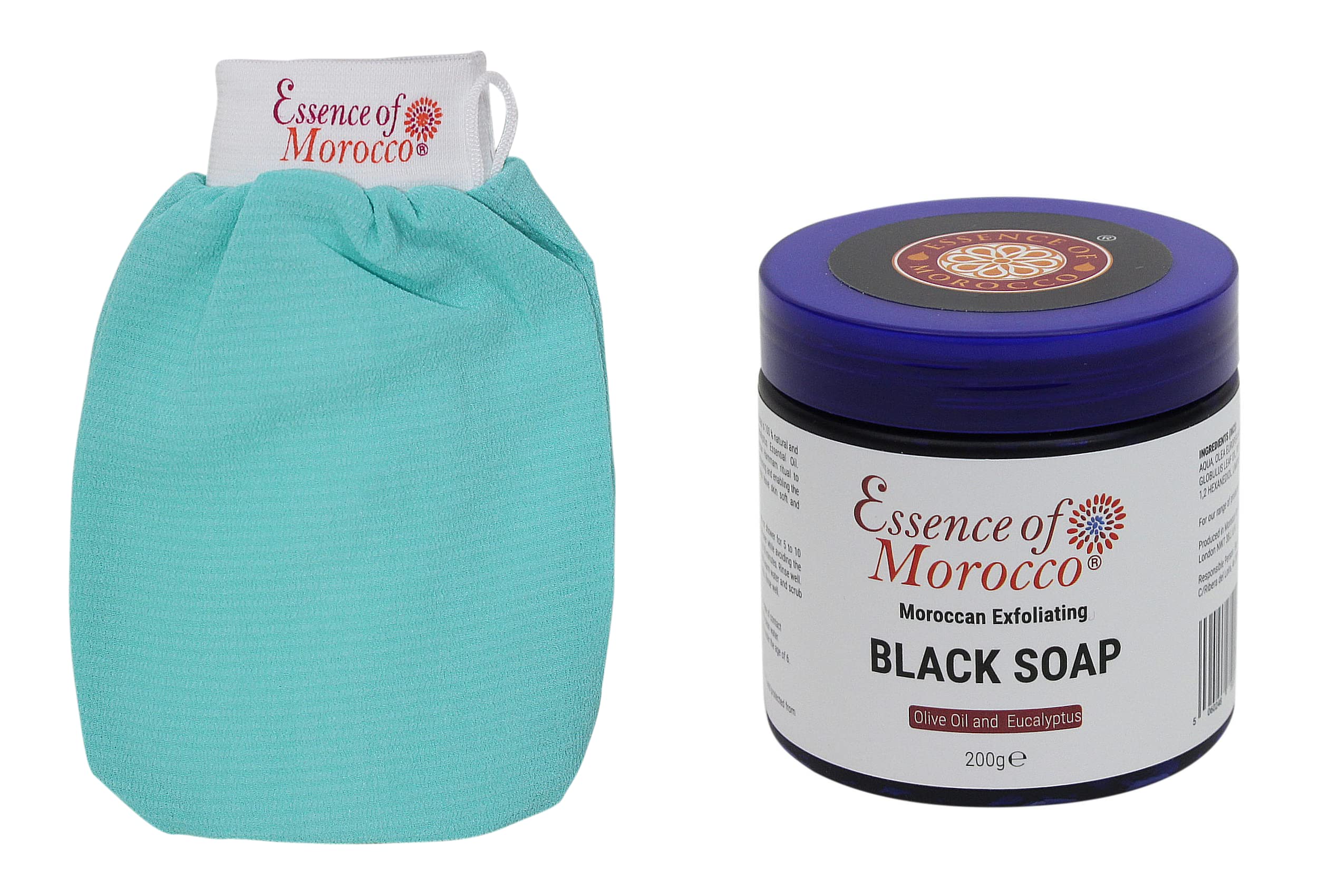 Moroccan Exfoliating Kessa Glove Blue Scrubbing Mitt with Natural Eucalyptus and Olive Oil Black Soap Scrub Savon Noir 200g / 7 OZ Helps Cleanse Skin Remove Fake Tan and Ingrown Hair Hammam Spa Pack