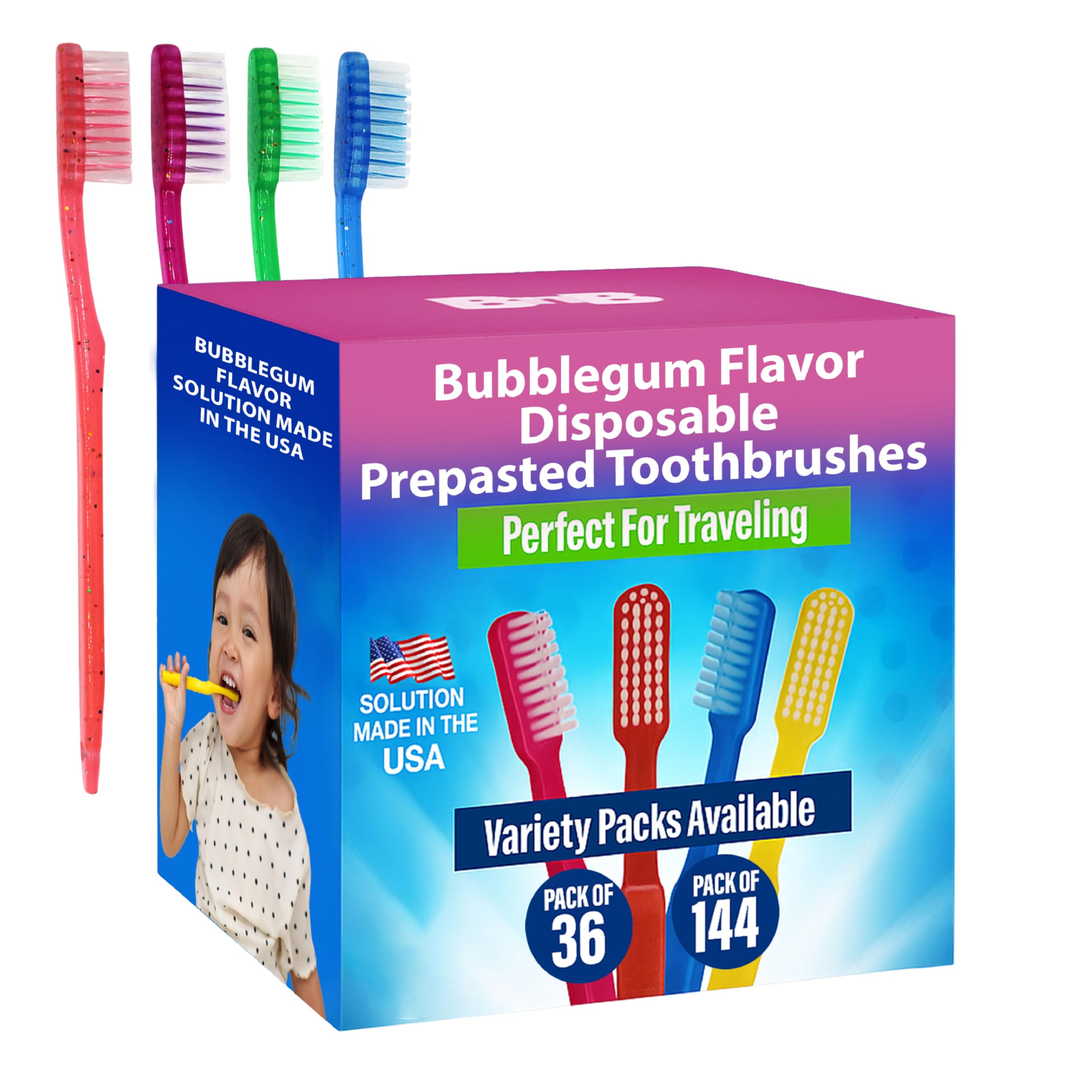 Photo 1 of Bottles N Bags 144 Kids Prepasted Toothbrushes Individually Wrapped - Bubblegum Disposable Toothbrushes - NO Water Needed, Just Start Brushing (144 Pack)