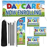 Hahafelt 5 Pcs Daycare Now Enrolling Decor Daycare Swooper Feather Flag with Pole Kit and Yard Sign Banner for Business Advertising Supplies Home Lawn Outdoor Decorations