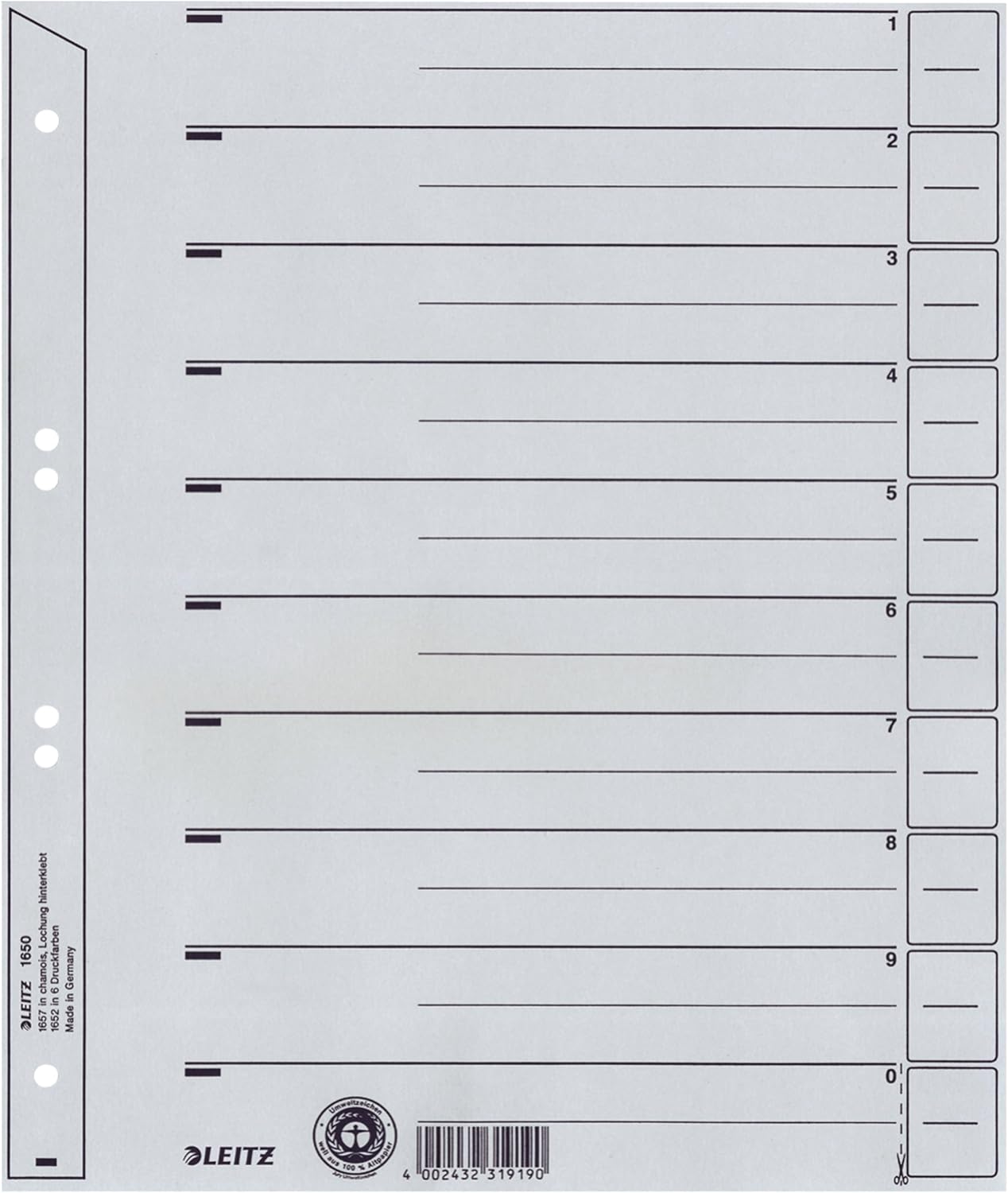Leitz 16503085, Separator Sheets, A4, 24 x 30 cm, 25 Sheets, Grey