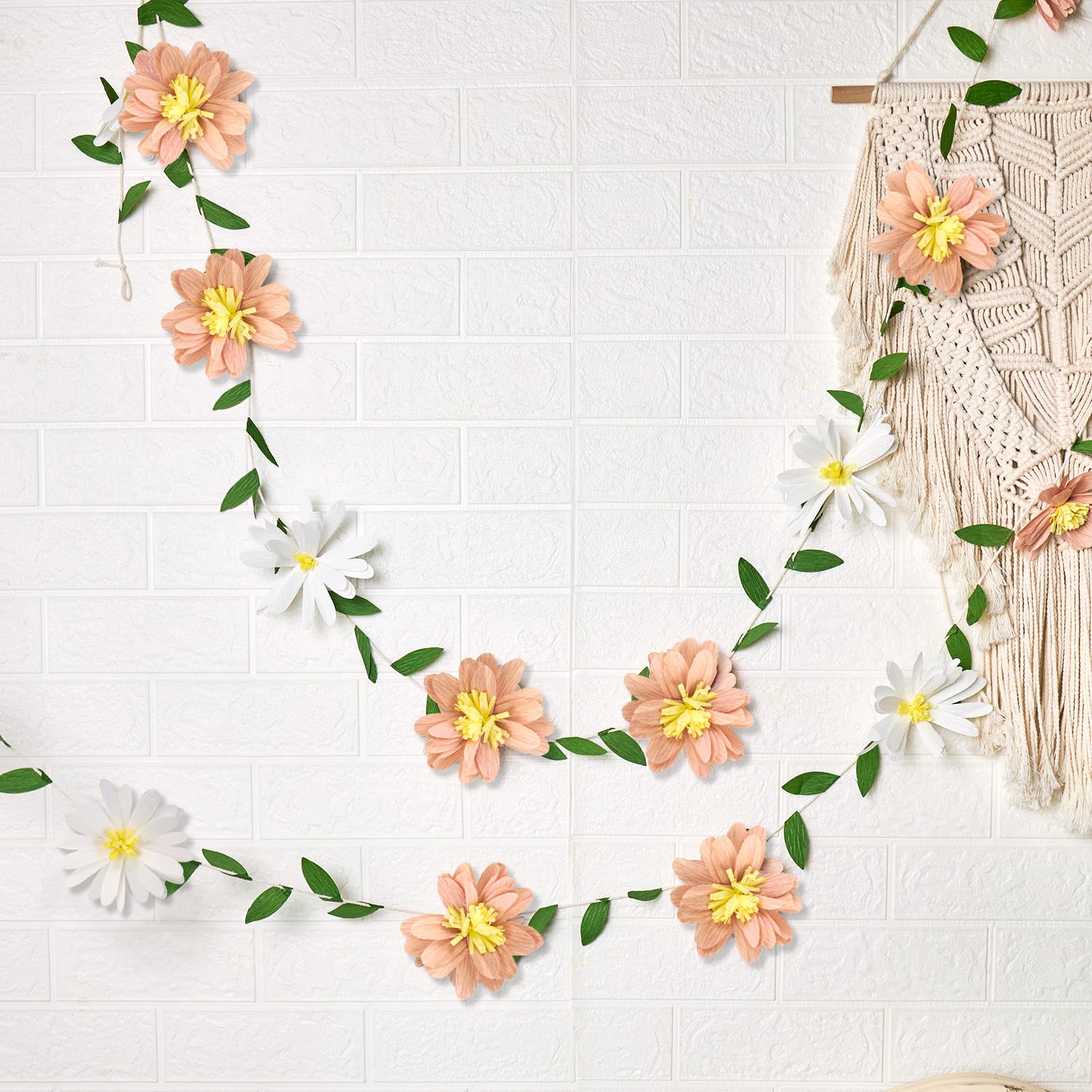 Photo 1 of 2PCS Paper Flower Garland, Paper Leaves Banner Vine Flowers with Green Leaves Crepe Floral Garland Decorations for Wall Anniversary Wedding Birthday Arch Decor (8.2ft)