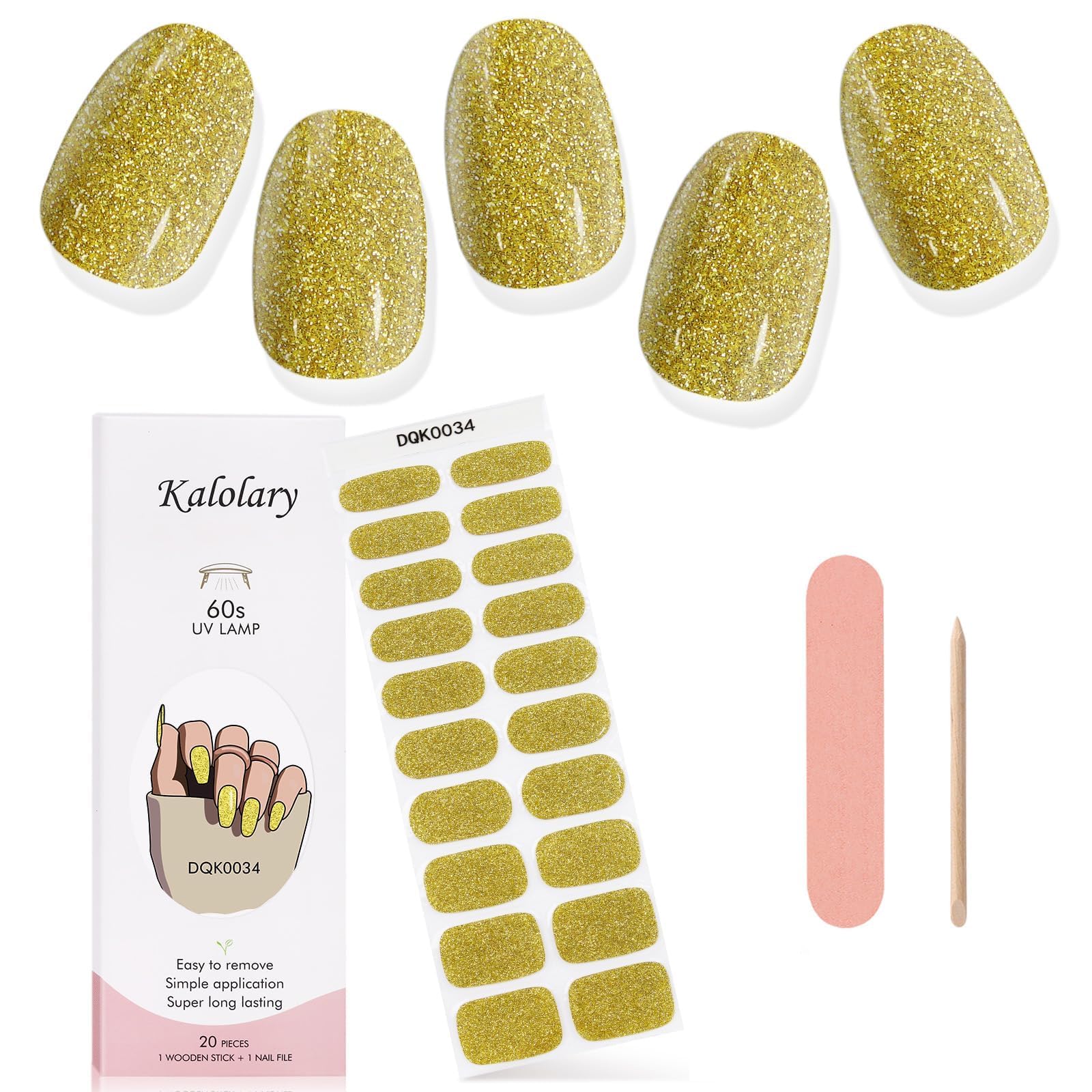 Kalolary Gel Nail Art Strips - Waterproof Full Nail Wraps Decal Sets with Nail File and Stick for Women Girls - UV/LED Lamp Required (Shiny Yellow)
