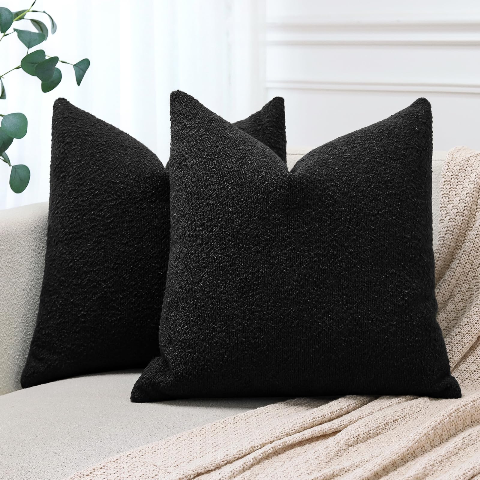 JOTOM Set of 2 Cushion Covers 45x45 cm Textured Boucle Black Decorative Throw Pillow Covers 18x18 Inch Square Cushion Case Home Decor Pillowcases for Couch Sofa Living Room Bed (Black)