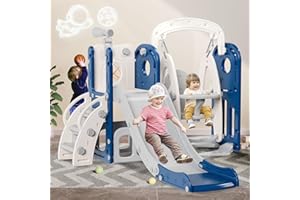 Babytronic Toddler Slide and Swing Set, Indoor Outdoor 6 in 1 Kids Slide for Toddlers Age 1-3, Toddler Playset Toddler Playground with Climber, Basketball Hoop and Telescope (Blue&Gray)