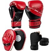 PARPIQ 3-in-1 Boxing Gloves and Punching Mitts Set for Kids, Boxing Mitts Focus Pads with Hand Wraps for Kid, Youth Leather Punching Equipment Gloves Set for MMA, Karate, Muay Thai, Taekwondo