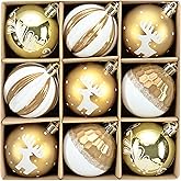 DecorbyHannah Gold White Christmas Ornaments, 9ct 2.36 inches Christmas Ball Ornaments for Tree Decorations, Shatterproof Plastic Hanging Ball Bulk for Xmas Modern Home Indoor Party Table Decor