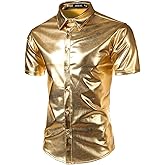 JOGAL Men's 70s Disco Shiny Metallic Gold Silver Short Sleeve Button Down Shirt