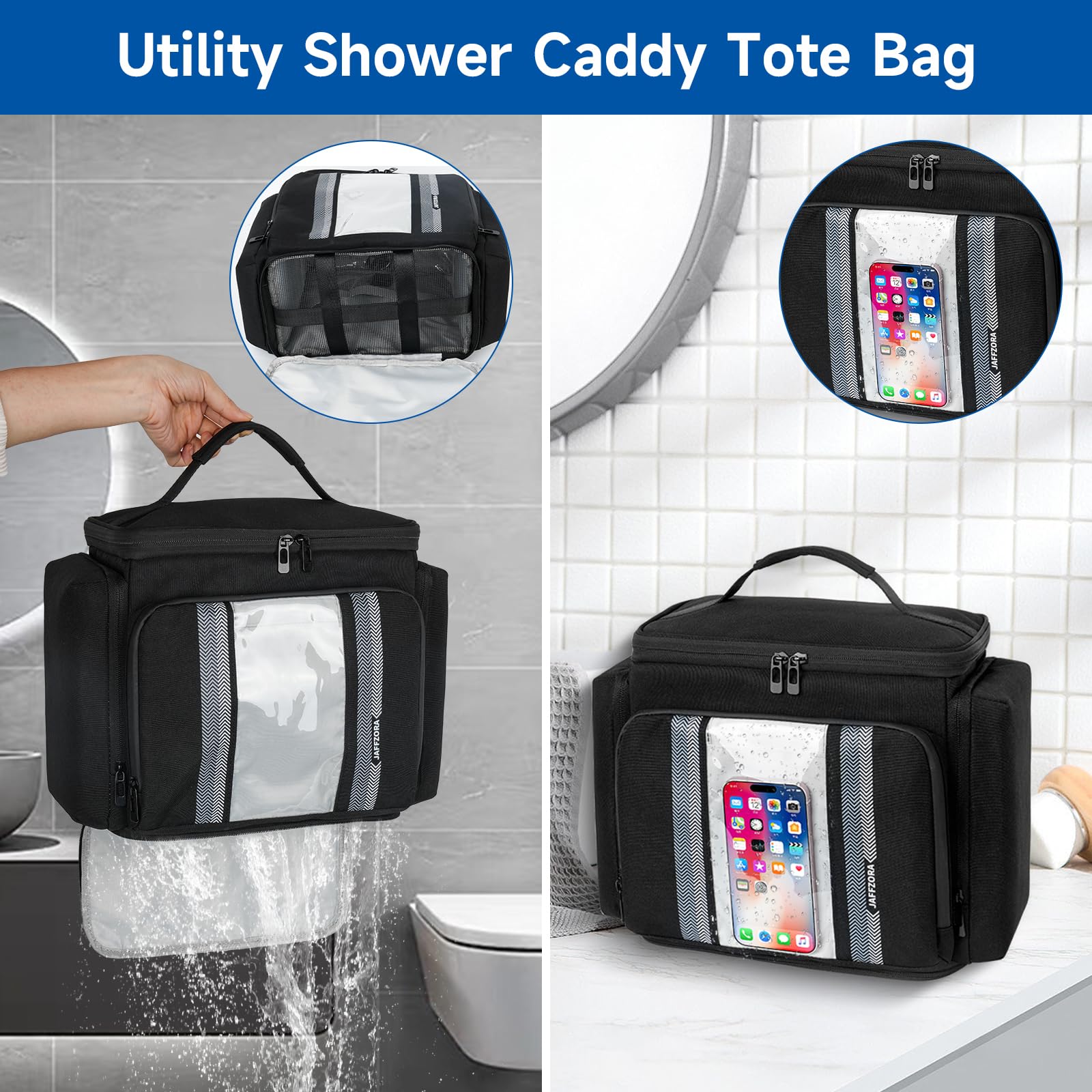Portable Shower Caddy (Full Size Bottle Compatible),Travel Shower Tote Bag with Quick Dry Mesh Base,Hanging Toiletry Cosmetic Bag for Gym,College,Camping & Dorm, Black