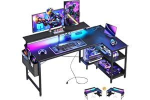ODK 48 Inch Gaming Desk with USB Charging Ports and LED Lights, Reversible L Shaped Computer Desk with Storage Shelves & Monitor Stand, Corner Gamer Desk Table with Power Outlets, Black
