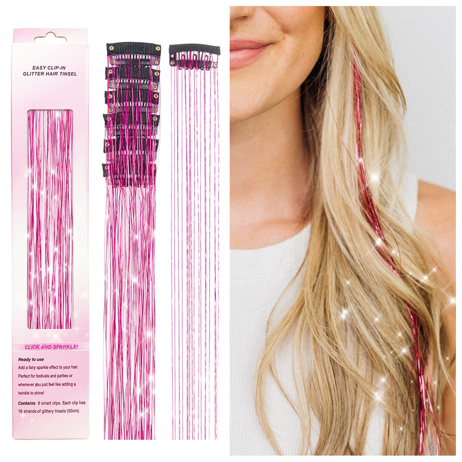 Clip in Hair Tinsel, POROLIR 6Pcs Glitter Fairy Tinsel Hair Extensions 20 Inch Shiny Hair Tinsel Heat Resistant, Sparkly Strands Hair Accessories, Festival Gift for Women Girls Kids (Rose Red)
