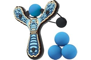 Mighty Fun! - Mischief Maker® Wooden Slingshot - Lil’ Monster Series - Real Wood Slingshot for Kids, 4 Soft Foam Balls and Storage Bag - Ages 4+ (Blue)