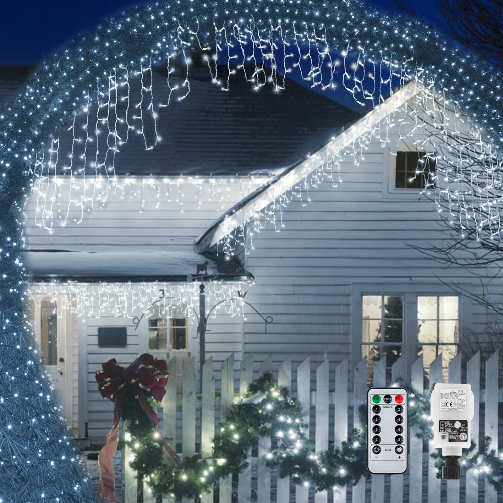 Outdoor Curtain Lights 10M 400 LED Backdrop Window Light Fairy Lights String Mains Powered Outside Roof Lights Waterproof Connectable with Remote,Timer,8 Modes for Gazebo,Eaves(White)