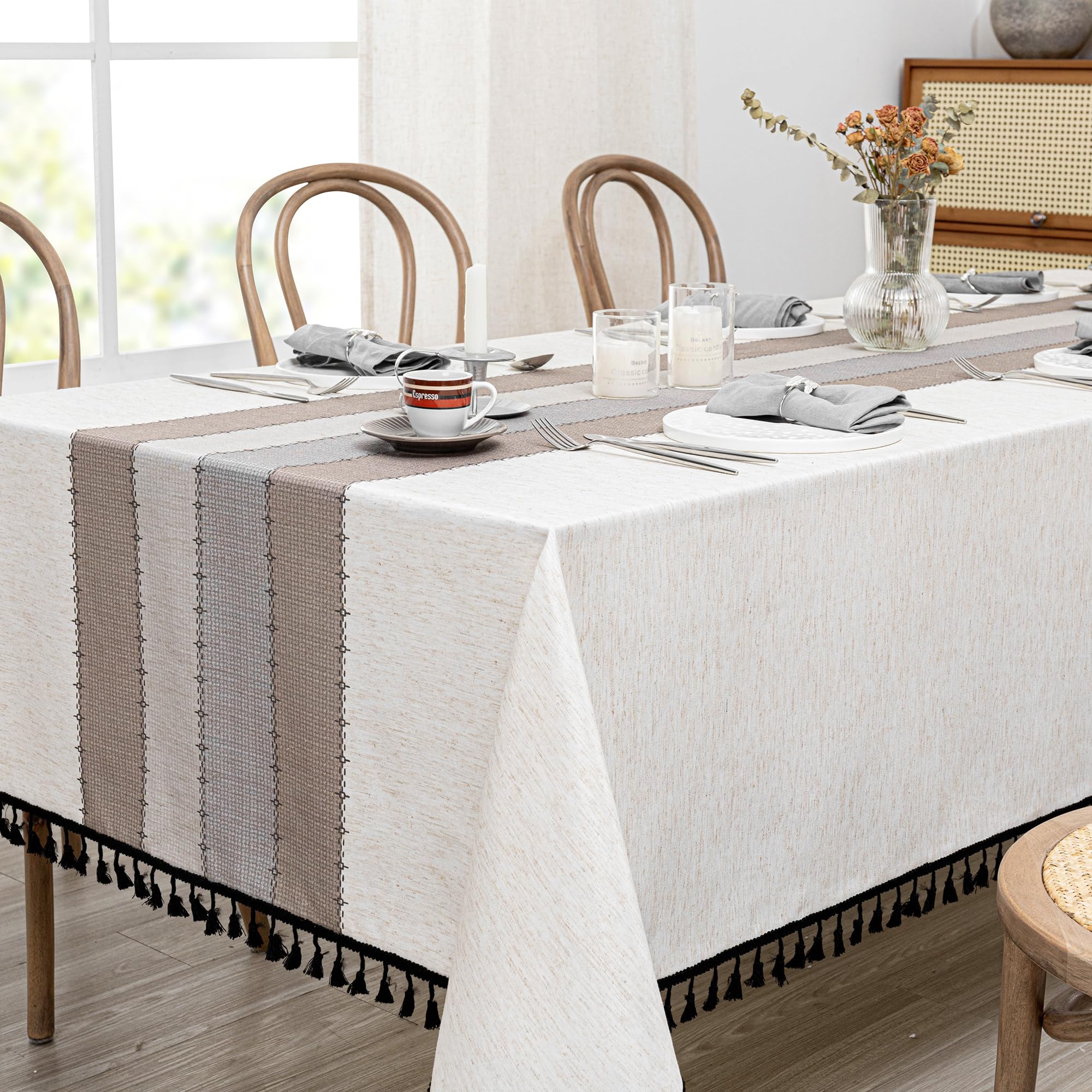 MYSKY HOME Table Cloth 60x102 in Rectangle, Heavy Duty Lines Linen Look Waterproof Tablecloths Farmhouse Tablecloth, Wrinkle Free Table Cover with Coffee Lines for Kitchen Dining, Party Image