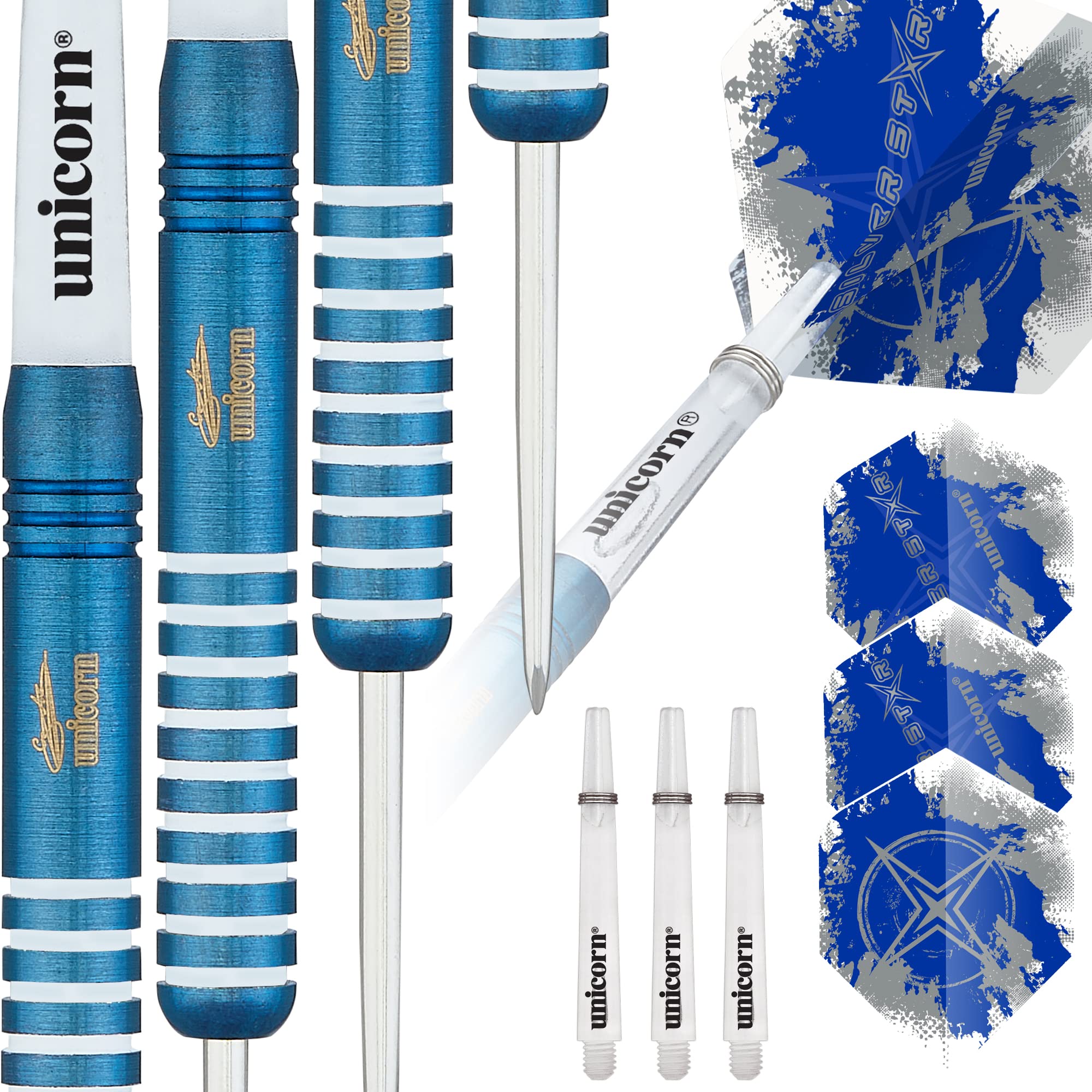 ‎Unicorn Steel Tip Professional Darts Set | Gary Anderson Blue Silver Star | 80% Tungsten Barrels with Titanium Coating | 25 g