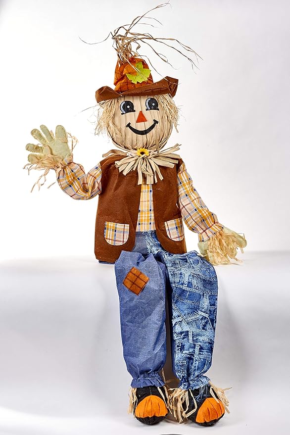 Worth Imports 60" Life Size Harvest Sitting Scarecrow, Blue, Brown, Yellow, Cream, Black, Orange