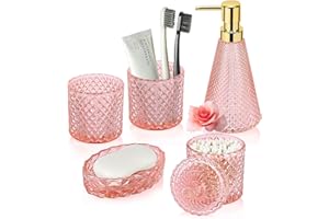 YTDTKJ 5Pcs Vintage Pink Bathroom Accessories Set, Glass Soap Dispenser with 2 Diamond Texture Tumblers, Soap Dish & Qtip Hol