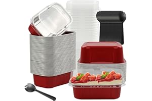 BAKINGPAK Aluminum Pans With Lids, 50PCS 5.5OZ Mini Cake Pans Cheesecake Containers Disposable Loaf Pans Foil Baking Cups Cupcake Pans For International Women's Day (March 8) Brithday Party, Red