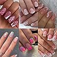 6 Packs (144 Pcs) Press on Nails Square, Flower Press on Nails, French Tip Press on Nails Medium, Pink Fake Nails, Glue on Nails, False Nails for Women, Stick on Nails Kit 12 Sizes-6Styles