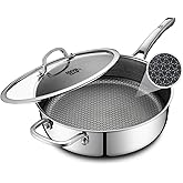 SNOWCLAD Frying Pans Nonstick with Lid,Hybrid Non Stick 5 Quart Saute pan,PFOA Free Cookware,Stainless Steel skillet,12 inch Deep Saute Pan,Dishwasher&Oven Safe,Works on All Cooktops