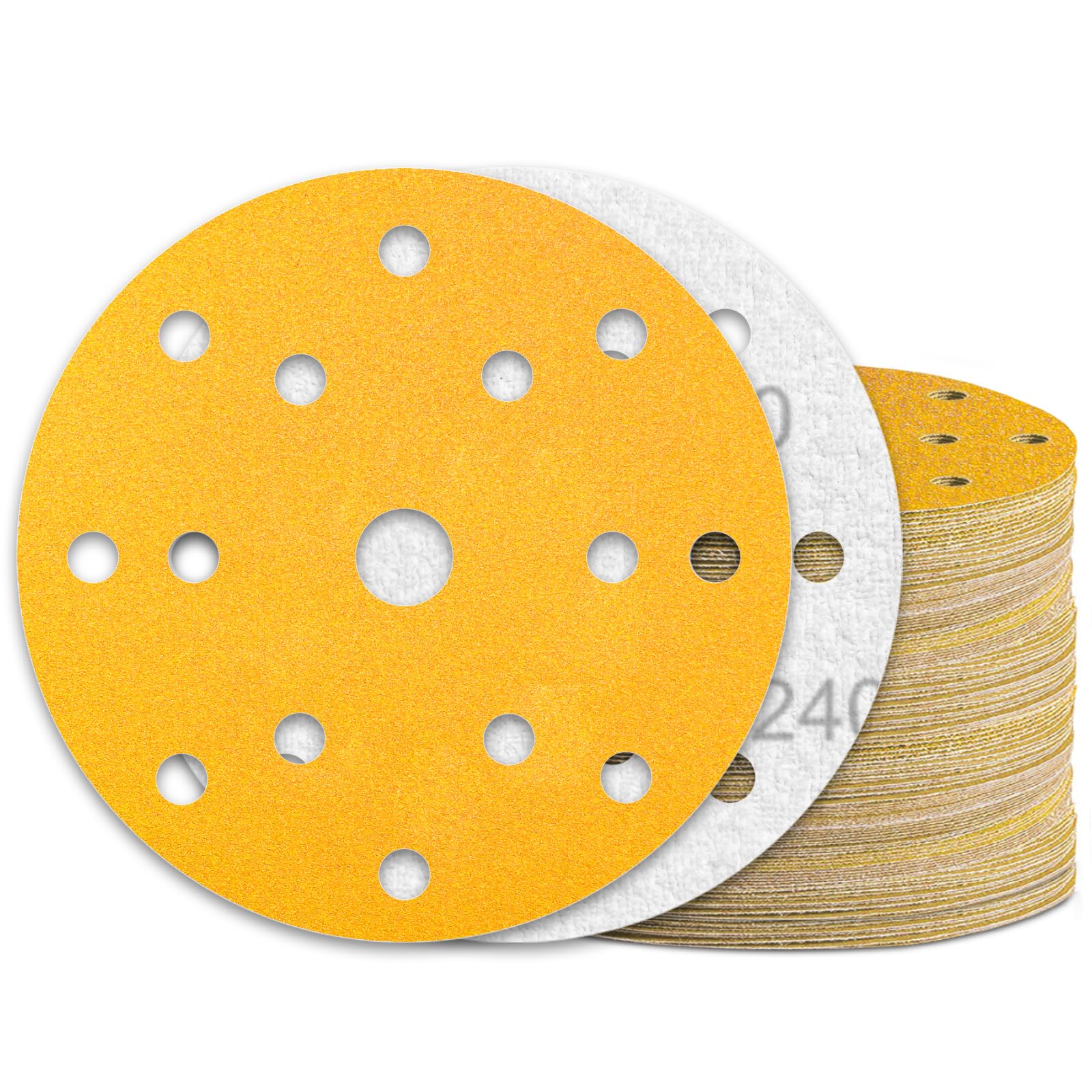 KONGMING 60 Pcs 150mm Sanding Discs Grit 240 Hook and Loop 15 Hole for Random Orbital Sander
