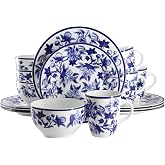 Elama Cattleya Orchid Design 16 Piece Round Porcelain Dinnerware Set in Blue and White, Tableware Set, Service for 4