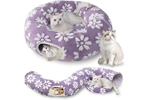 Yaning Cat Tunnel for Indoor Cats, Cute Peekaboo Cat Cave with Dangling Balls, Pet Donut Tunnel Bed with Circle Mat for Puppy Kitten Rabbit, Purple