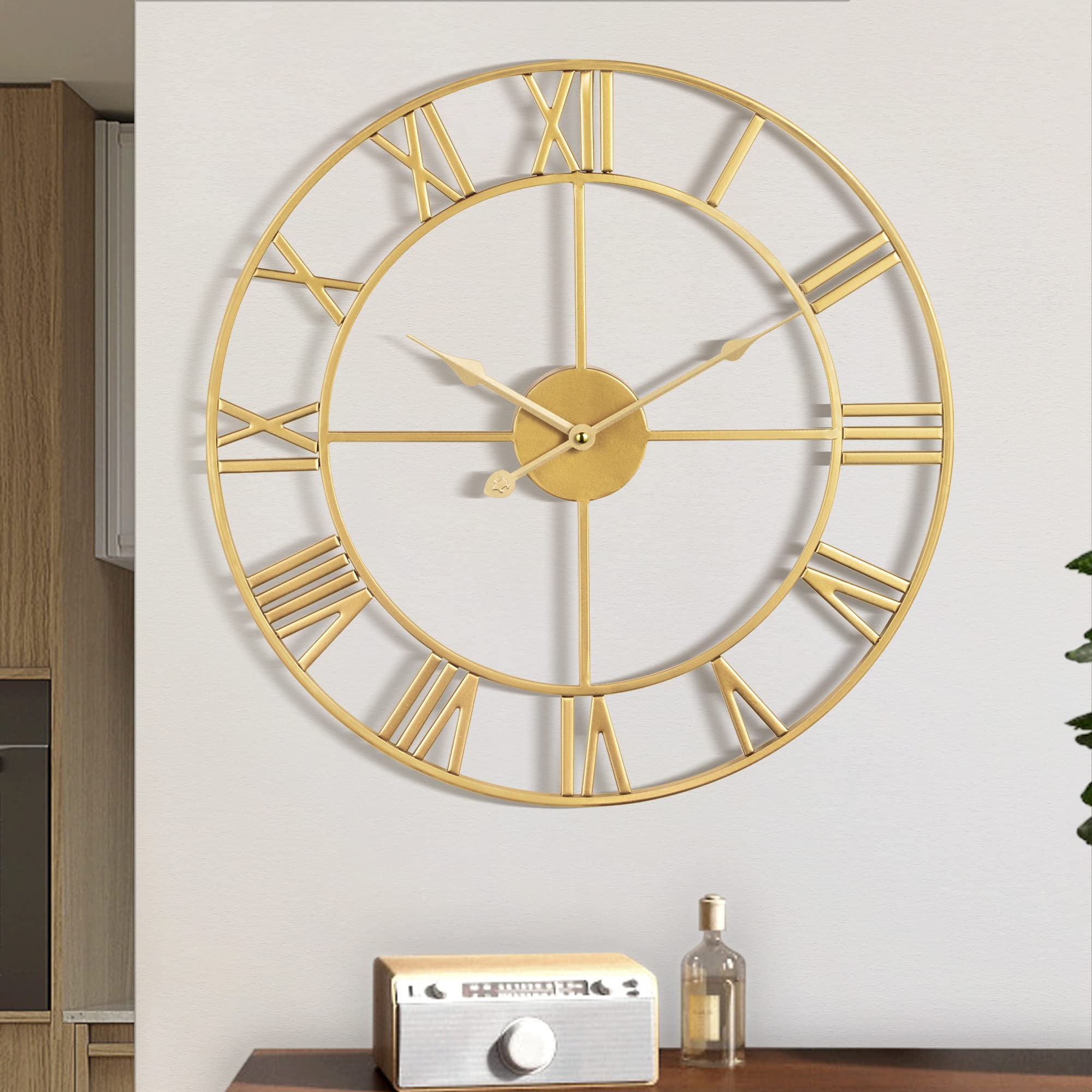 Photo 1 of 1st owned Large Wall Clock, Metal Retro Roman Numeral Clock, Modern Round Wall Clocks Almost Silent, Easy to Read for Living Room/Home/Kitchen/Bedroom/Office/School Decor (Gold, 18.5 Inch)