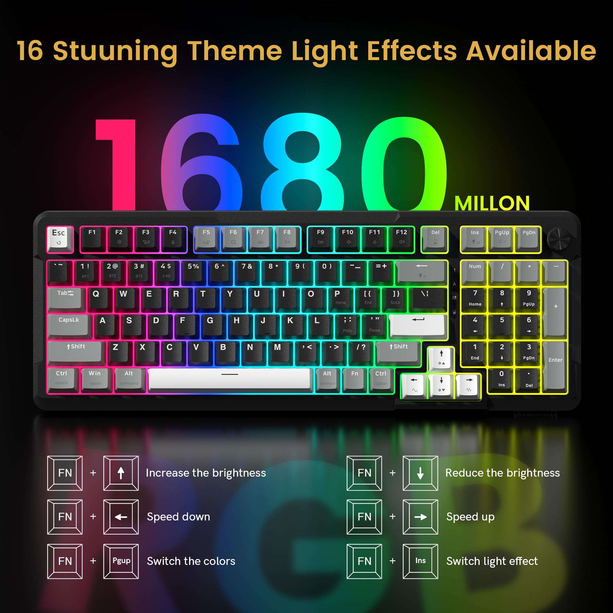 Redragon K742 Wireless Mechanical Gaming Keyboard with Knob, Bluetooth 5.0/2.4GHz/USB C Wired Creamy Keyboard with Number Pad for PC Computer, Hot Swappable RGB Backlits, Custom Linear Switch, Black
