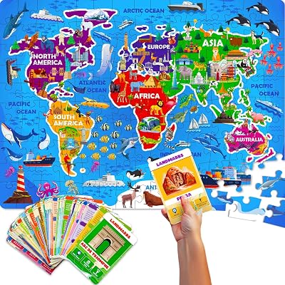 Quokka Giant World Map Puzzle 150pc 30x60cm with 50 Flashcards for Kids