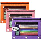 Pencil Pouch for 3 Ring Binder - 3 Pack Zippered Pencil Pouches with Transparent Mesh Window| Binder Pouch with Smooth Zippers| Zippered Pencil Bag for School Office Students, Pink+Orange+Purple