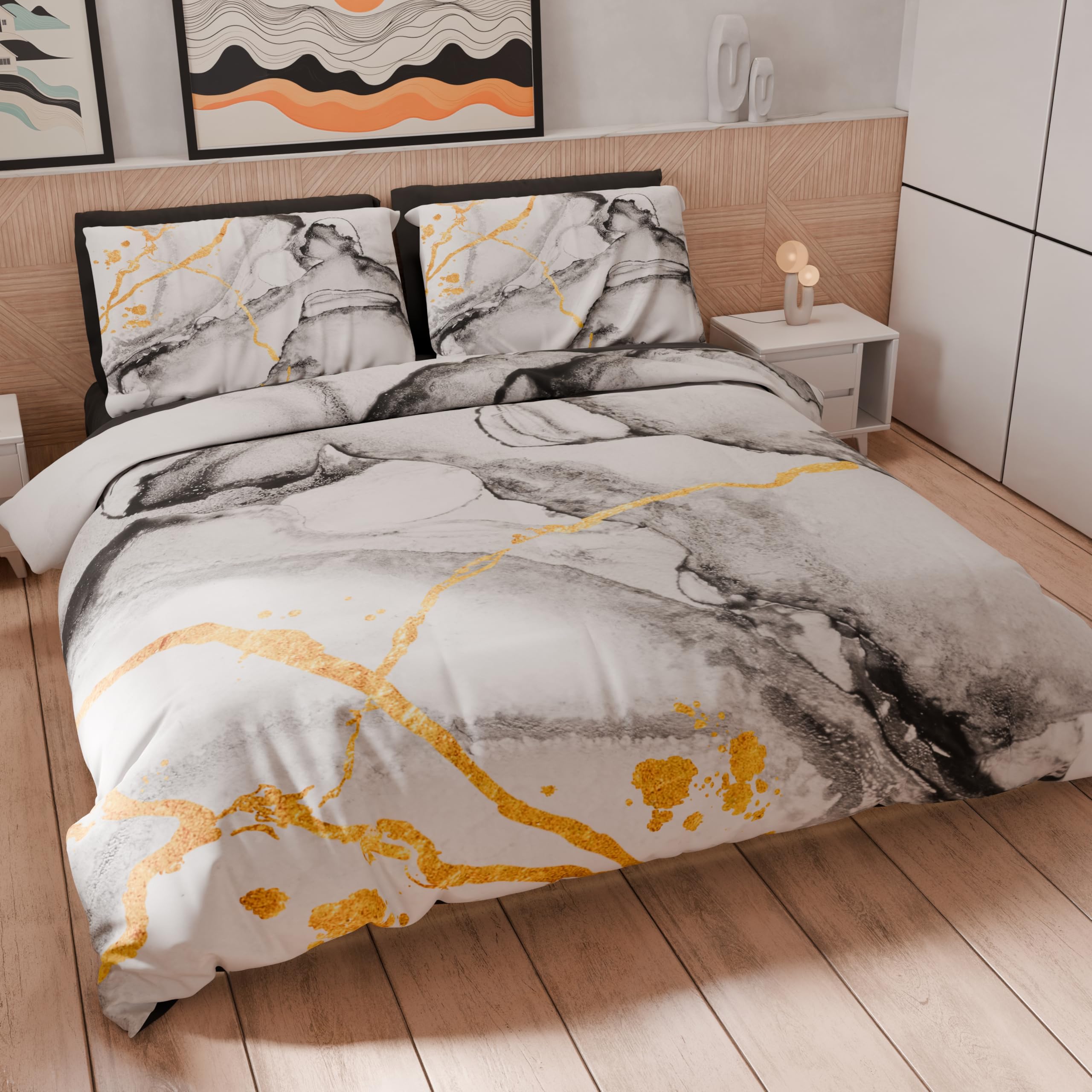 PETTI Artigiani Italiani - Double Duvet Cover 200 x 200 cm, Microfibre Duvet Cover with Digital Print + 1 Pillowcase 50 x 80 cm - Made in Italy - Marble Grigioc