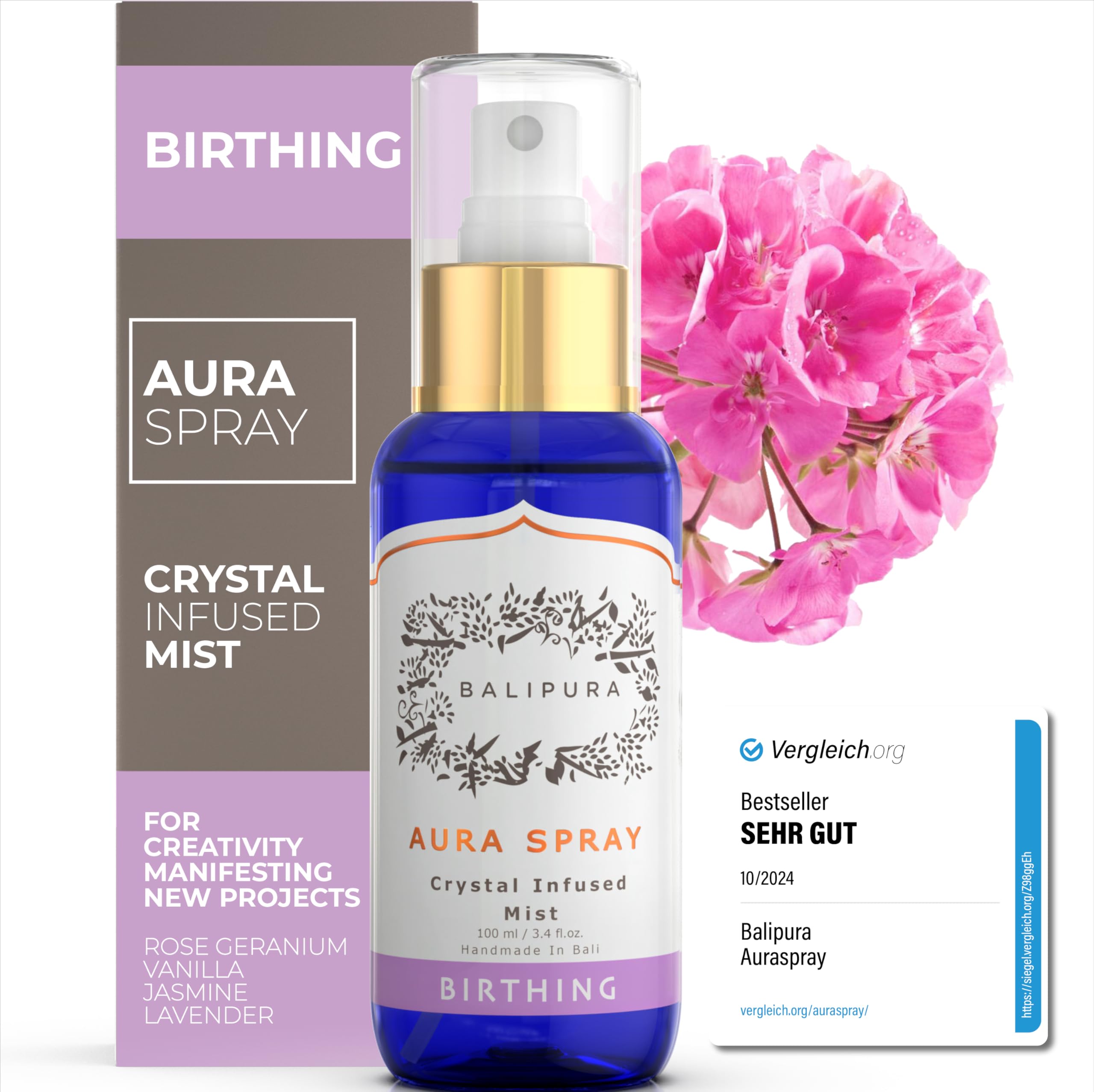 BALIPURA - Birthing Aura Spray for Women and Men - Lavender, Sage, Jasmine & Vanilla Essential Oil Blend, Quartz and Amethyst Gemstones, Handmade in Bali 3.4 fl.oz