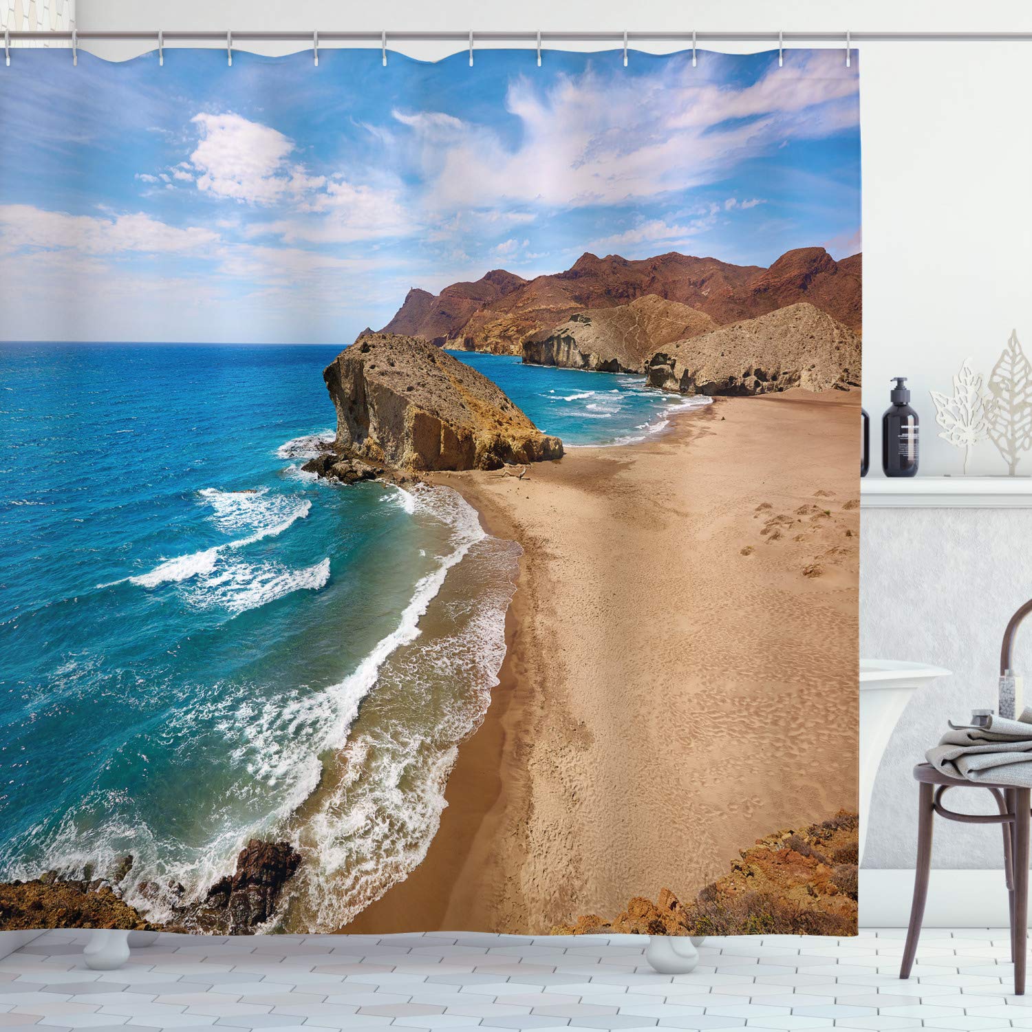 ABAKUHAUS Landscape Shower Curtain, Ocean View Tranquil Beach Cabo De Gata Spain Coastal Photo Scenic Summer Scenery, 70 Inches, Blue Brown