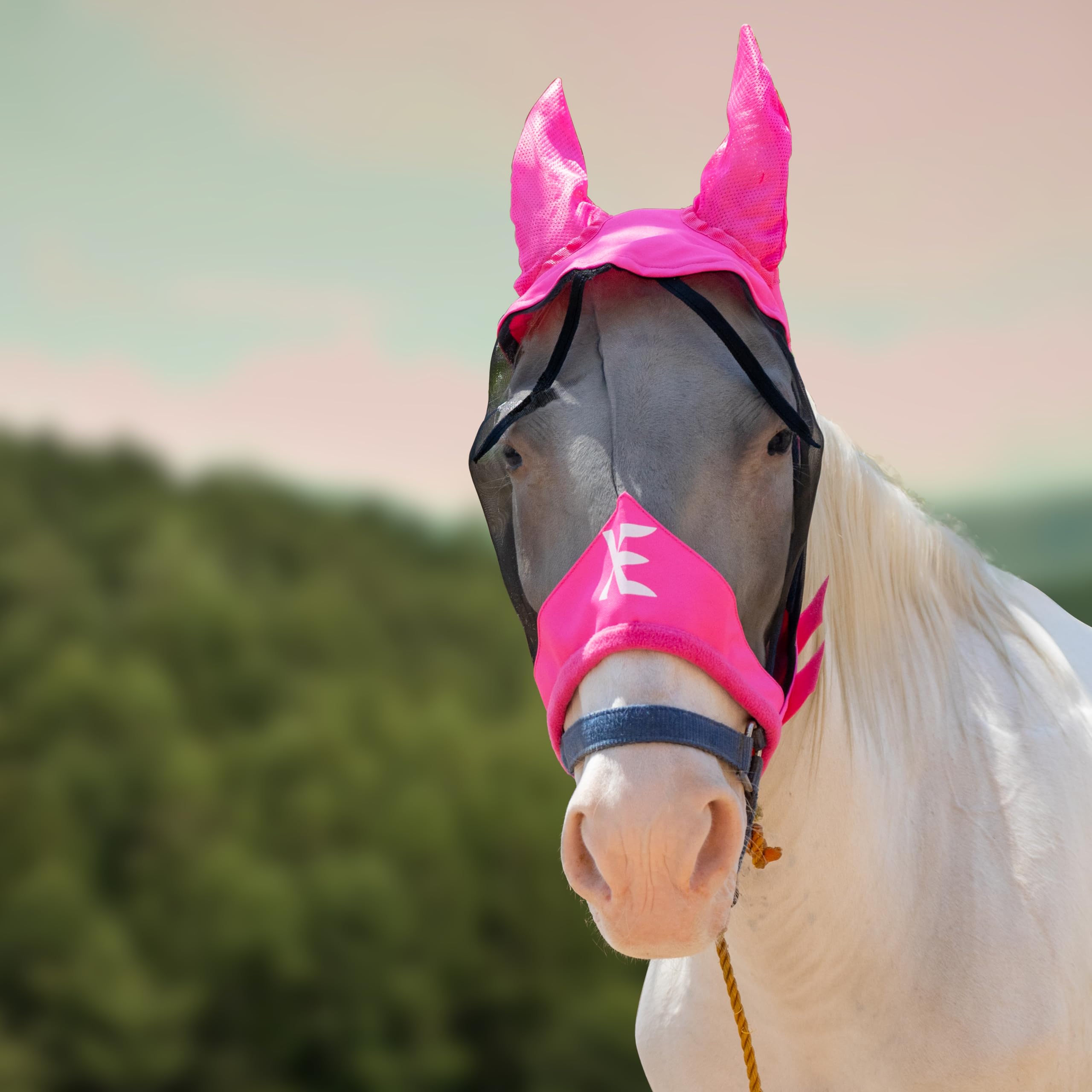 XE Horse Fly Mask with Ears –Breathable Mesh Horse Mask for UV Protection and Equine Fly, Standard Equestrian Pink Horse Fly Mask (Half Pink Mask, Cob (M))