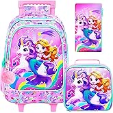 UFNDC 4PCS Rolling Bookbag for Girls, Cute Kids Mermaid Wheeled Backpack,Unicorn Roller School Bag with Wheels for Elementary Preschool Travel