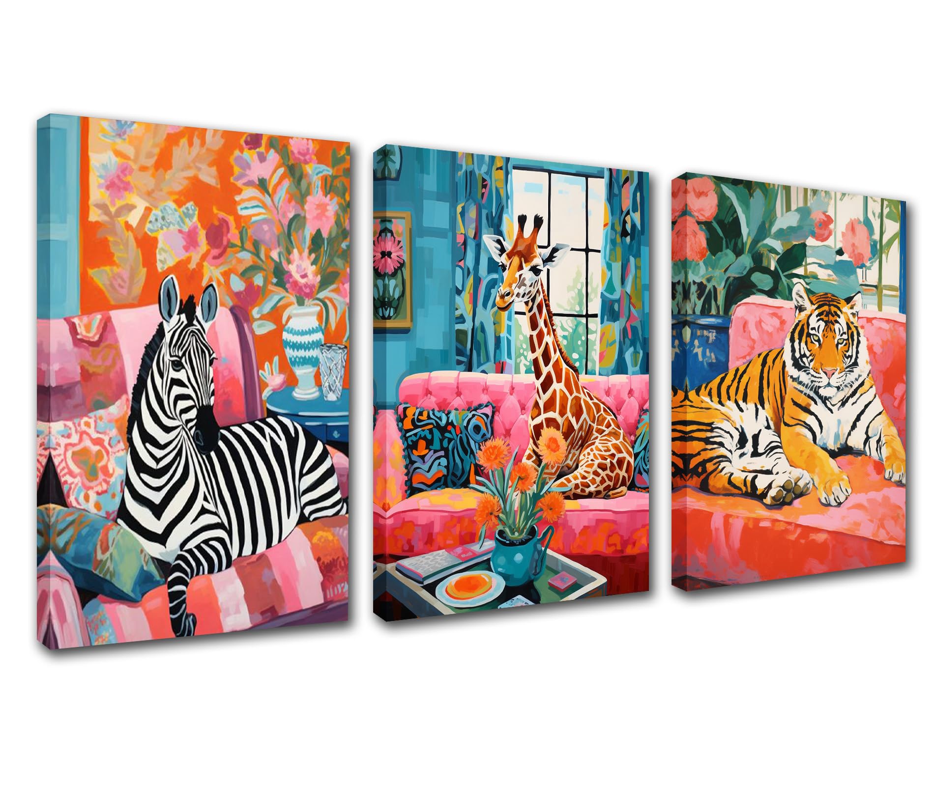 Sofa Animal Canvas Wall Art for Living Room Decor 3 Pieces Cute Giraffe Tiger Zebra Paintings Funny Animal Artwork Decor Hut Room Wall Pictures Kitchen Wall Decor Framed Ready to Hang 42''Wx20''H