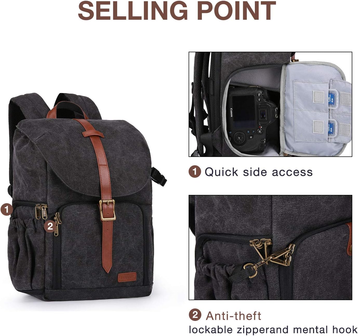 BAGSMART Camera Backpack, Anti-Theft DSLR SLR Camera Bag Water Resistant Canvas Backpack Fit up to 15" Laptop with Rain Cover, Tripod Holder for Women and Men, Black : Camera & Photo