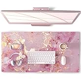 QIYI Large Mouse Pad, Cute Pink Desk Mat for Desktop, Women Girls PU Leather Desk Pad Waterproof Gaming Mousepad, Rose Gold Marble Computer Protector Writing Pad for School Office Home 31.5" x 15.7"