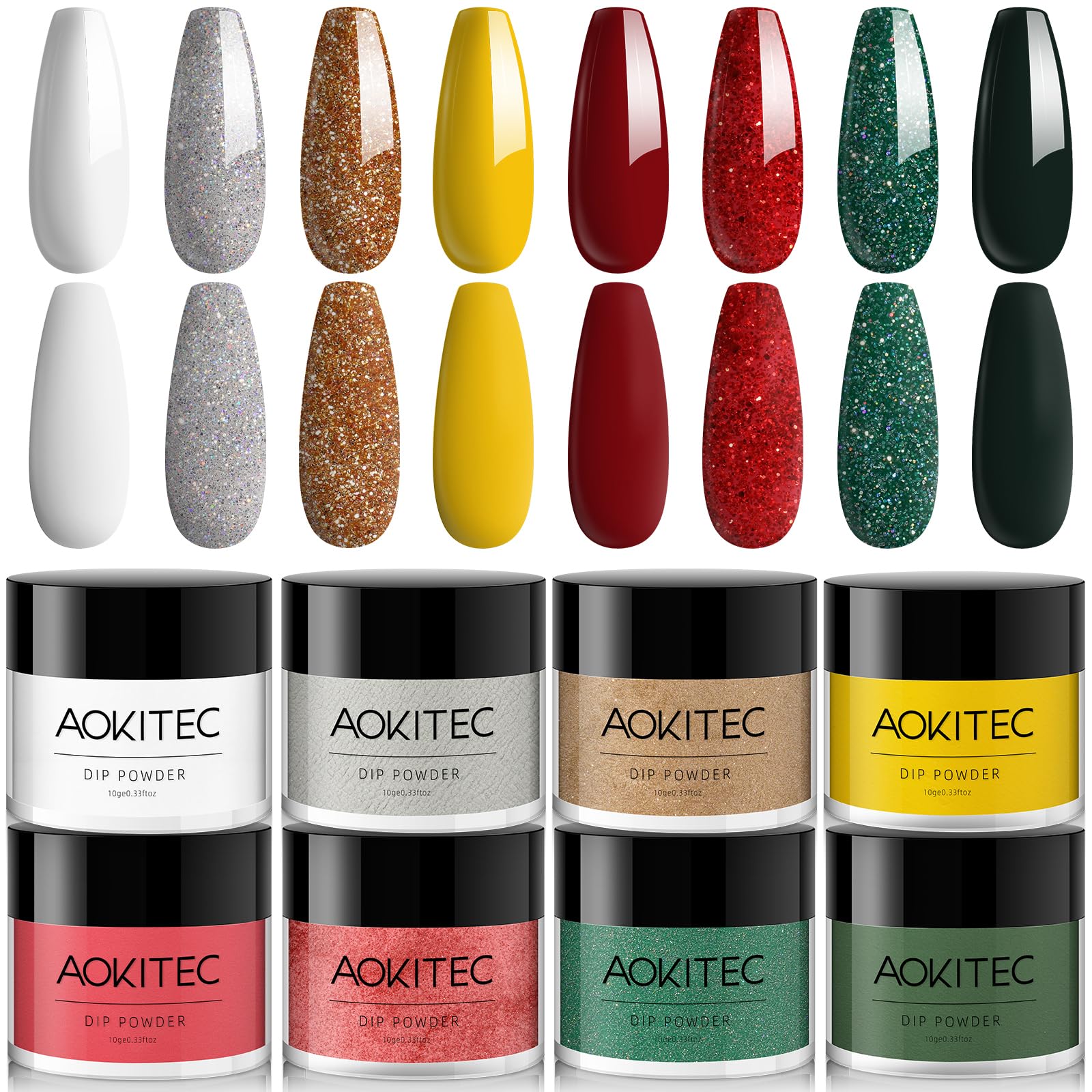 Aokitec Dip Powder Set, Advent Calendar 2025, 8 Christmas Colours Dipping Acrylic Powder Red Glitter Green Gold White Nails Set for Christmas Nails, New Year Gift for Women Girls