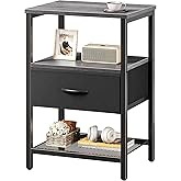 Huuger Night Stand with Fabric Drawer, Side Table with Mesh Shelf, Bedroom Nightstand, Fabric Drawer Dresser, Open Shelf, Metal Frame, Couch Side, Charcoal Gray