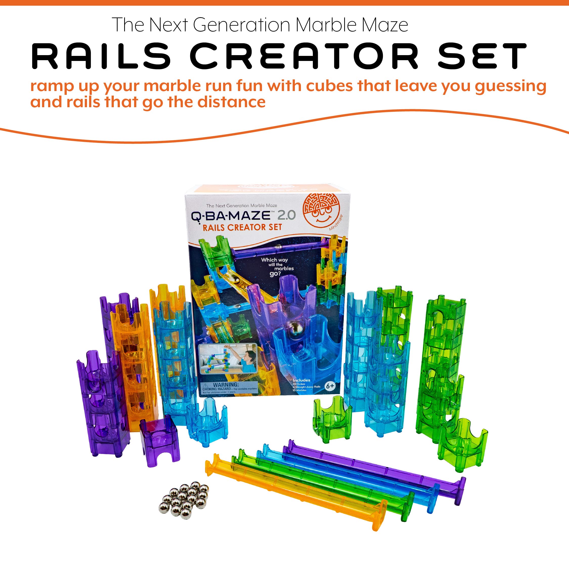 MindWare Q-BA-Maze Rails Creator Set The Next Generation Marble Maze Kids Toys - STEM Marble Run - Recommended for Ages 6+ - Educational Gift for Boys and Girls