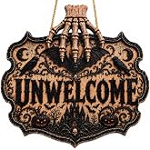 Halloween Decorations - 2D Printed Flat Gothic Unwelcome Wooden Sign | Skeleton Hand Halloween Wreaths Door Sign Hanging Decor - Halloween Party Favors Supplies for Home Wall Decor Outdoor Indoor