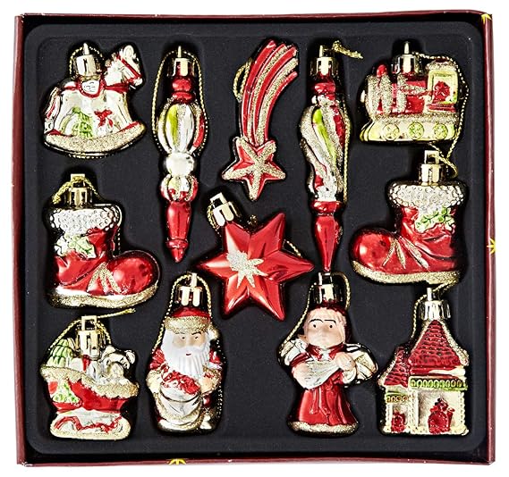 Heitmann Deco Weihnachtsbaum-Schmuck - Behang-Set aus Kunststoff - 12-teilig - rot/gold - Christbaum-Anhänger
