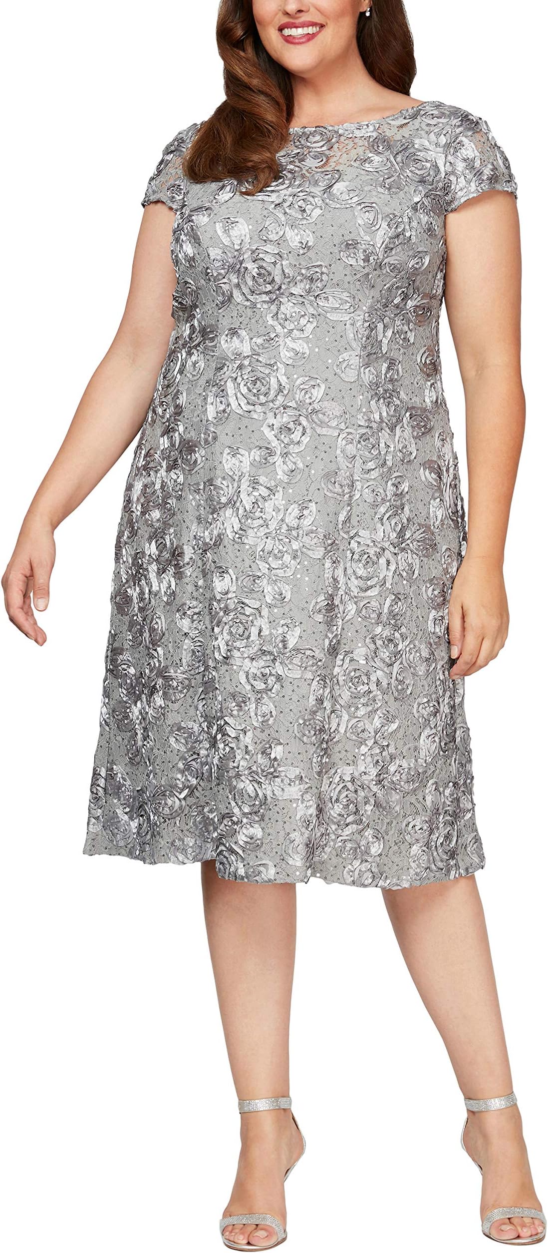 Alex EveningsWomen's Plus Size Tea Length Dress with Rosette Detail